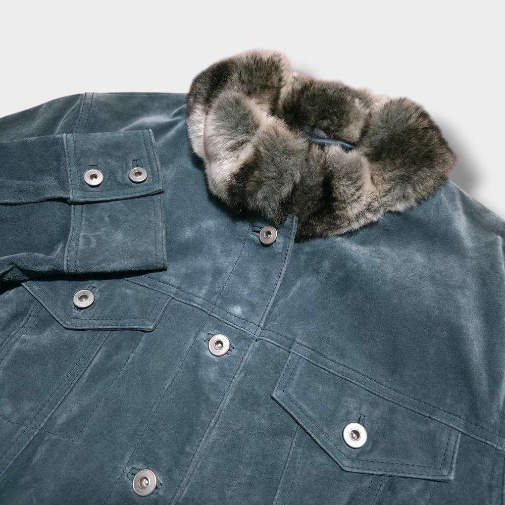 Terry Lewis Suede Leather Jacket Coat Faux Fur Collar Button Blue Womens Size 1X